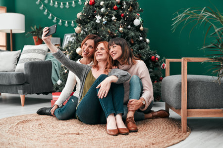 Equally beautiful. three attractive women taking Christmas selfies together at home.
