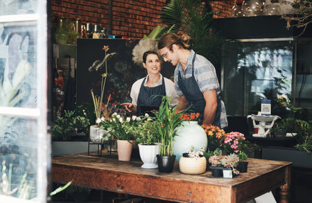 Were working together to help grow our business further. two young florists working together inside a plant nursery.の写真素材