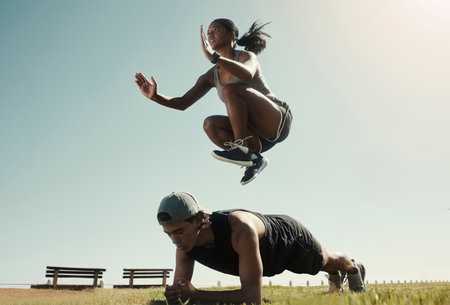 Man, black woman and fitness in park, nature garden or sustainability environment for workout, training or exercise. Jumping, plank and sports people, friends or couple with energy and wellness goalsの写真素材