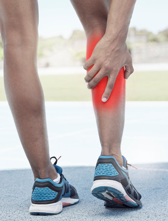Runner, calf pain and leg injury accident during fitness running exercise in athletic shoes outside. Sports man, muscle strain and calf during marathon cardio training workout on track fieldの写真素材