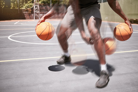 Basketball, man and speed with double exposure on a sport court while training, practice or workout for a game. Athlete exercise with ball working on skill, technique and fitness for sports matchの写真素材