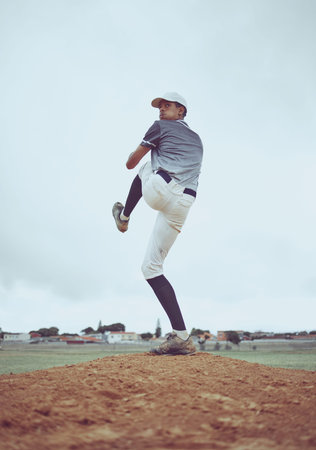 Man, baseball and pitcher in sports throw or competitive match to score point or win on the field...