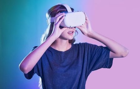 Virtual reality, metaverse and futuristic, woman with 3d glasses, VR and technology, cyberspace and...