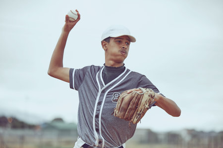 Baseball, baseball player and ball throw in baseball field in match, training game or competition....