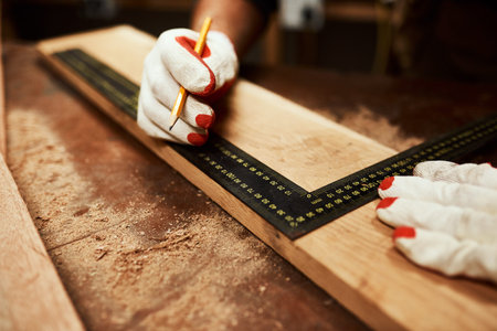 All the parts must be even. Closeup of an unrecognizable male carpenter doing measurements on a...