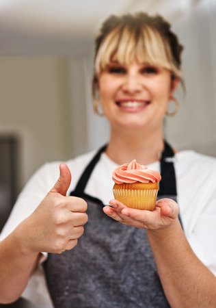 My cupcakes are fresh and delicious. a woman showing thumbs up while holding a freshly baked cupcake.の写真素材
