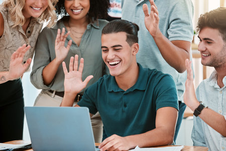 Video call, business people wave in international meeting for company networking, staff update or office team building communication. Diversity global group or team on virtual discussion on computerの写真素材