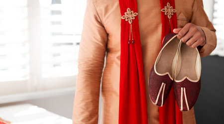 Ill take my first step into marriage with these. an unrecognizable man putting on shoes in preparation for his wedding.の写真素材