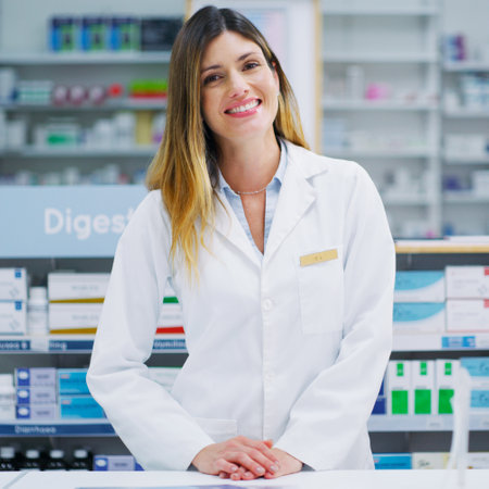 You can tell that shes compassionate and caring. a female pharmacist working in a chemist.の写真素材