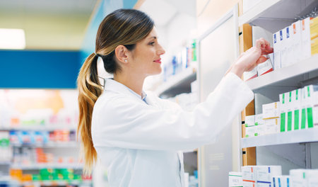 I sold so many of this today. a female pharmacist working in a chemist.の写真素材