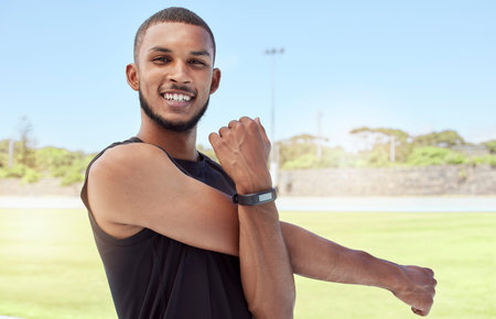 Fitness, athlete stretching and black man happy about exercise, runner workout and sports. Portrait...