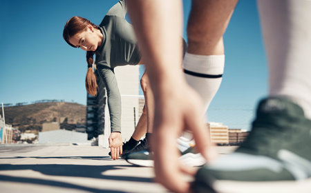 Zoom of hands, woman stretching legs or runner shoes with friends for running exercise, fitness or...