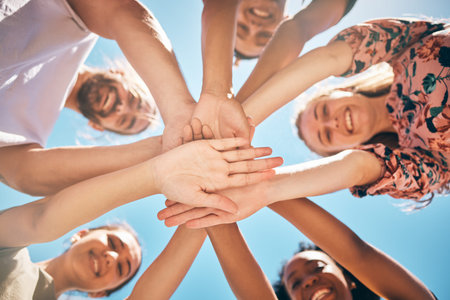 Support,love and friends hands connect for collaboration, teamwork and agreement together outdoor...