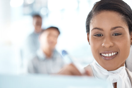 Black woman, writing and idea strategy on whiteboard with optimistic manager in business office. Brainstorming, development and notes in corporate finance company with happy girl management.の写真素材