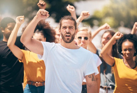 Diversity, people and protest voice opinion in a city with fist and arms in the air for justice or...