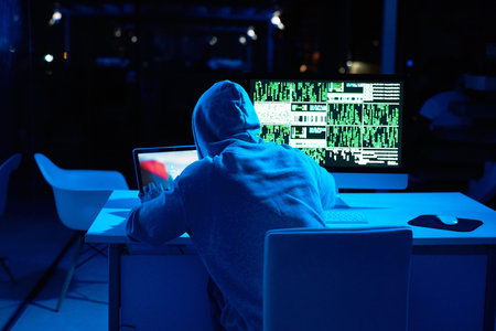 Getting ready to unleash another cyber attack. Rearview shot of a male hacker cracking a computer...