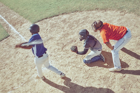 Baseball, pitch and sports game bat at training, exercise and workout on an outdoor field. Fitness and cardio of athlete teamwork and baseball player exercising with sport collaboration togetherの写真素材