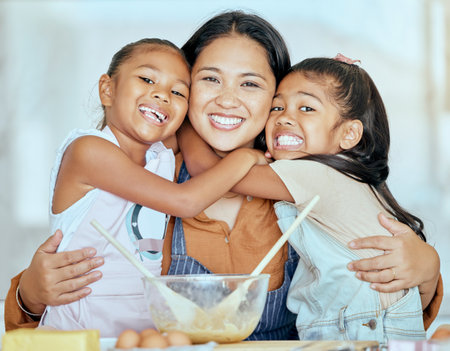 Family, children and baking with a girl, mother and sister learning about cooking in the kitchen of their home together. Food, egg and kids with a woman and daughter siblings making baked goodsの写真素材