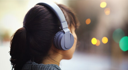 She travels where the music takes her. Closeup shot of an unrecognizable woman listening to music on her headphones while walking through the city.の写真素材