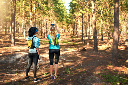 Nature should be appreciated. two sporty young woman taking pictures while out in nature.の写真素材