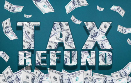 Tax Refund. the words TAX REFUND constructed from dollar bills inside a frame also made from dollar...