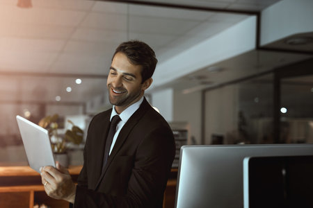 Hard work is a basic requirement for success. a young businessman using a digital tablet in an...