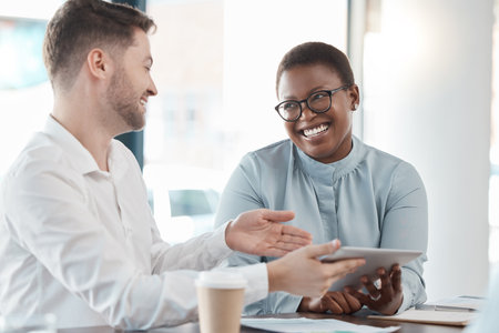 Laughing black woman, businessman and tablet in teamwork collaboration, digital marketing meeting or strategy planning. Smile, happy or excited creative people on technology for office budget successの写真素材
