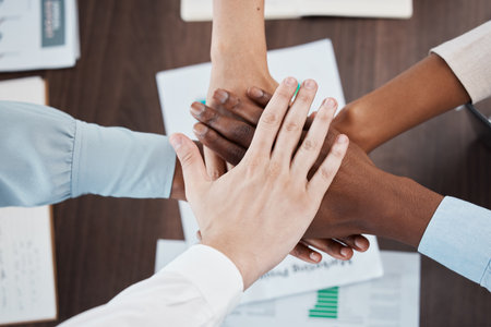 Hands, team and diversity, support and solidarity, business people together in meeting and collaboration, team building and motivation. Corporate, community and trust, teamwork and company mission.の写真素材