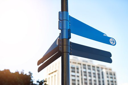 Its hard to get lost. a blank crossroads sign in the city.の写真素材