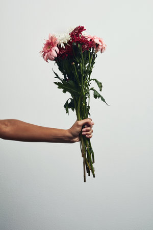 These flowers represents pure love and admiration. Studio shot of an unrecognizable woman holding a bunch of flowers against a grey background.の写真素材
