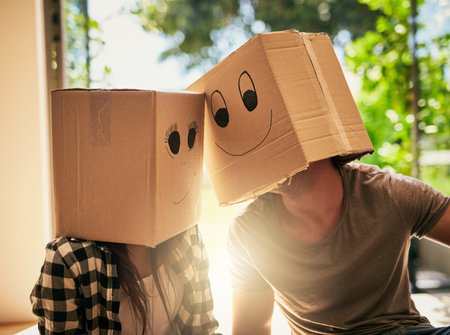 The big move has put the biggest smiles on their faces. a couple wearing boxes with smiley faces drawn on them on their heads.の写真素材