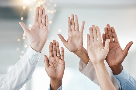 Diversity, team and corporate hands in air together to volunteer with collaboration, business...