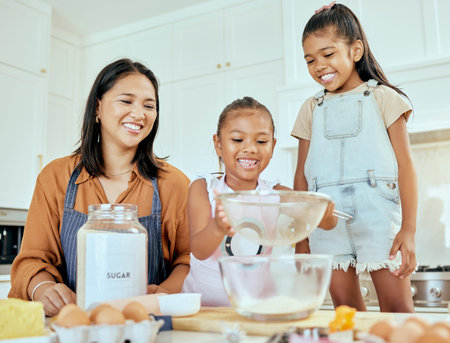 Cooking, learning and mother with children in kitchen for food, breakfast and happy in the morning....