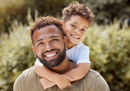 Portrait, happy father and boy smile in garden fun, vacation and break in summer happiness together....