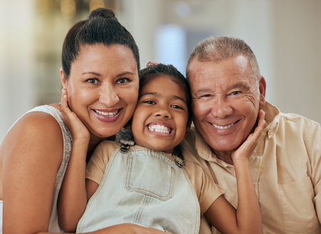 Relax, happy and portrait of girl and grandparents together for support, smile and hug in family...