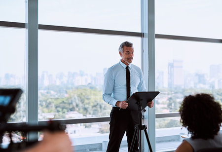 Kicking off the presentation with an eye opening speech. a mature businessman delivering a speech during a conference.の写真素材
