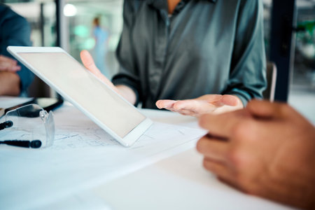 Tablet mockup screen, business meeting and people hands with multimedia technology for branding,...