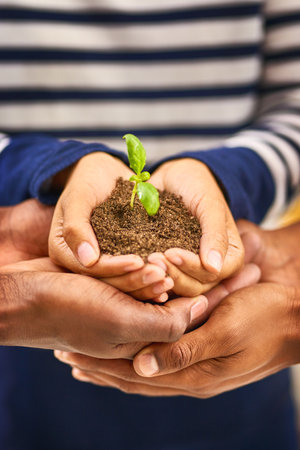You reap what you sow. a group of people holding plants growing out of soil.の写真素材