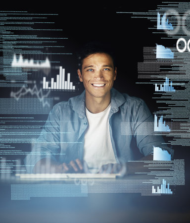 The man to see about software programming. a young computer programmer looking through data in the...
