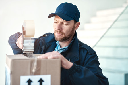 He takes great care and dedication in doing his job. a handsome delivery man sealing a package while...