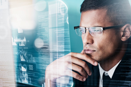 Accountant, hologram or businessman thinking for futuristic computer AI, stock market trading or economy big data analytics. Digital, finance software or man for cyber security or bitcoin investmentの写真素材