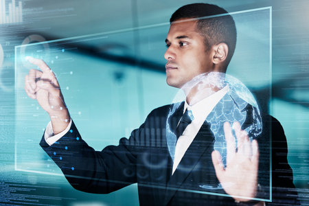 Cloud computing, hologram network AI or businessman with futuristic tech for networking, big data or analytics overlay. Network, employee or cybersecurity food coding, blockchain or 3d computer deskの写真素材