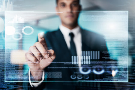 Futuristic hologram, businessman and fintech employee working on finance coding and graph. Future,...