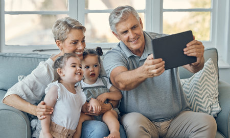 Family, grandparents and children take tablet selfie of happy family bonding, togetherness and enjoy...