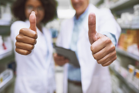 We will keep you safe. Closeup of two unrecognizable people showing thumbs up with their hands in a pharmacy.の写真素材