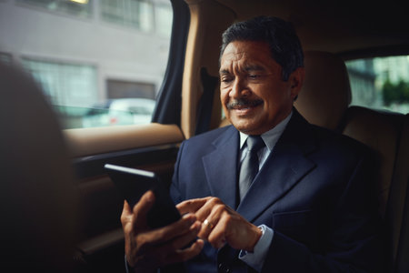 Connect and go. a mature businessman using a phone and digital while traveling in a car.の写真素材