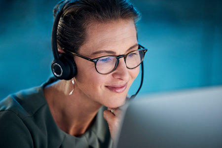 Call center, woman and friendly customer service consultant ready to offer advice. Agent, assistant...