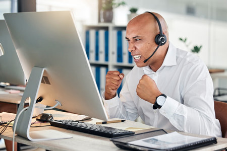 Success, goals and call center consultant in celebration of reaching a telemarketing crm customer service sales target. Excited and happy insurance agent celebrates winning a client deal with prideの写真素材