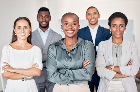 Teamwork, corporate and business people with smile for partnership, collaboration and trust for...