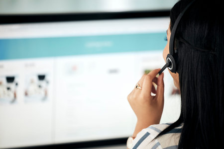 Contact us, customer service, woman telemarketing employee on a computer call consultation. Back...